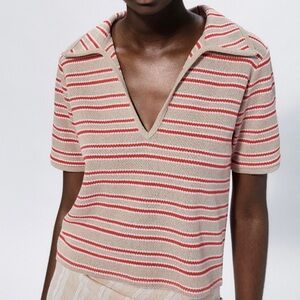 Zara Retro Striped V-Neck Short Sleeve Top